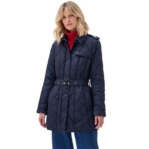 Barbour Tummel Belted Quilted Jacket Navy Tartan Lined Size 12